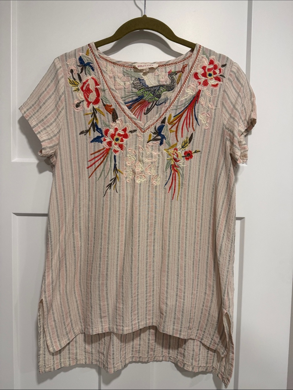 Solitaire 100% Cotton Embroidered Floral Bird Top Tunic SMALL